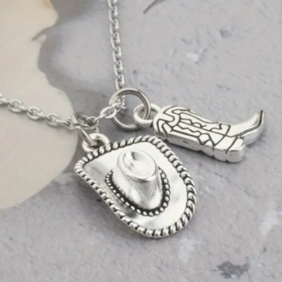Silver Electro-Plated Cowboy Hat & Boots Pendant Necklace - Picture 3 of 4